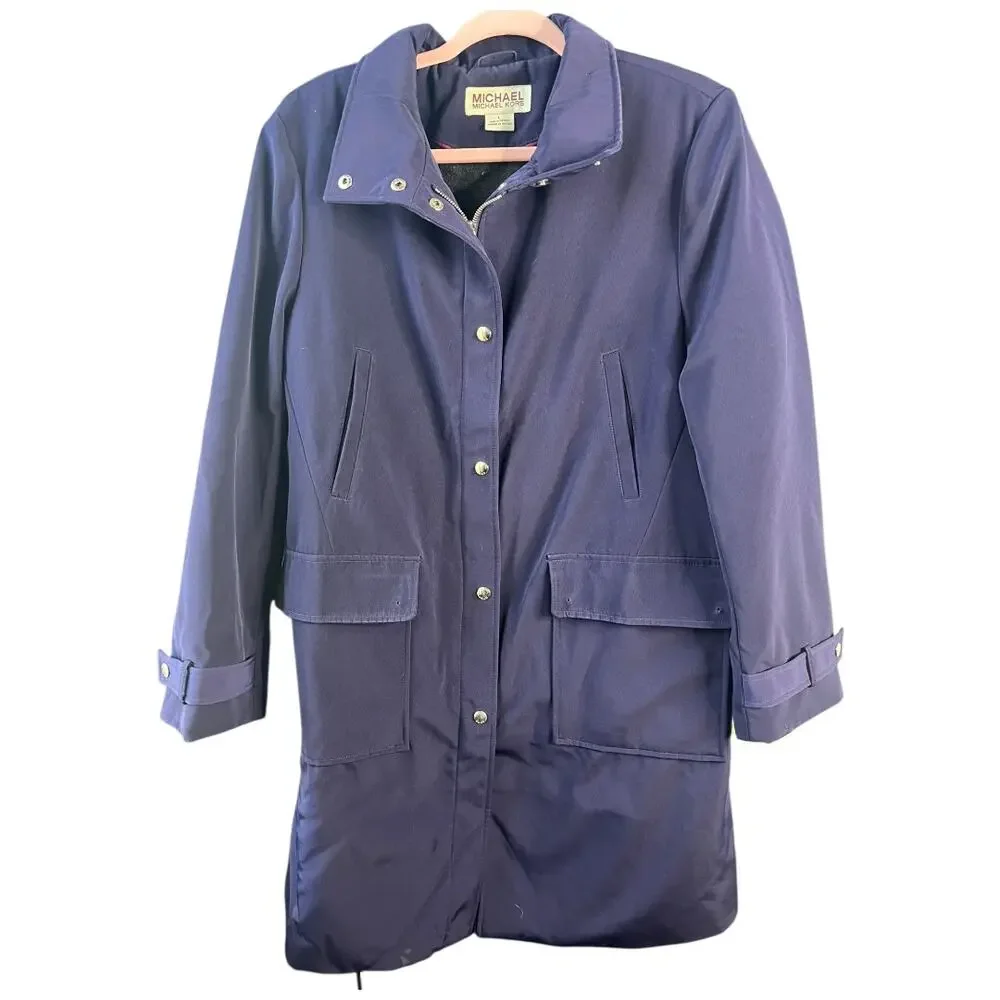 Michael Kors wool blend long quilted filled rain jacket overcoat snap blue Large